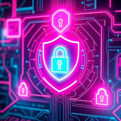 Futuristic cybersecurity interface with neon pink glowing shield icon and digital lock mechanisms in vaporwave aesthetic