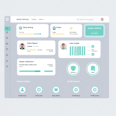 Vendor verification dashboard with mint green accents showing user ratings, trust scores, and verification badges