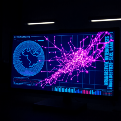 Artificial intelligence monitoring system with pink neural network visualization and real-time threat detection display